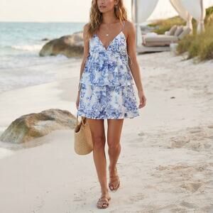 Beach Riot Kate Tiered Mini Dress S Blue White Tie Dye Spaghetti Strap Resort